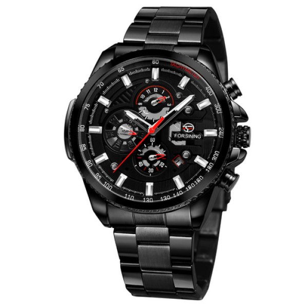 Мужские механические часы Forsining 6909 All Black-Red с автоподзаводом и полным календарем
