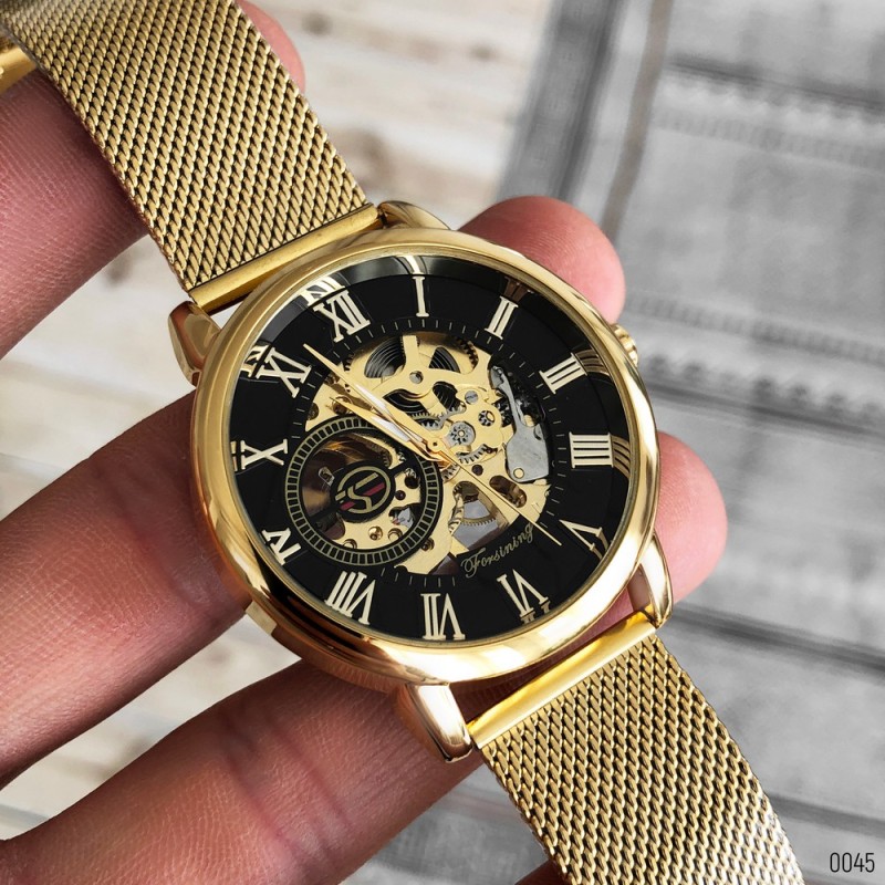 Мужские механические часы Forsining 8099M Gold-Black Mesh с автоподзаводом и минеральным стеклом