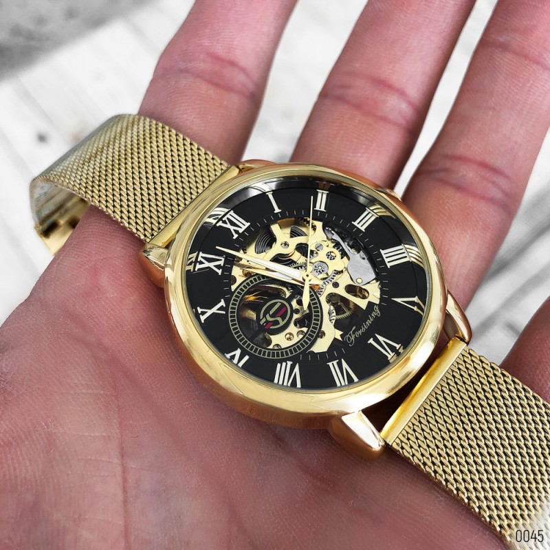 Мужские механические часы Forsining 8099M Gold-Black Mesh с автоподзаводом и минеральным стеклом