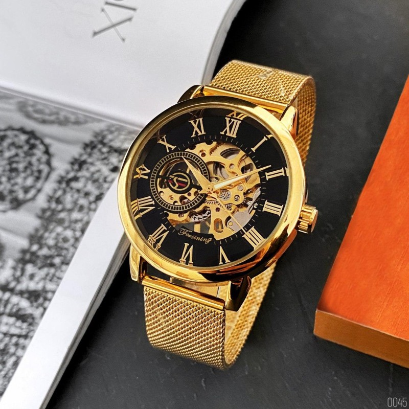 Мужские механические часы Forsining 8099M Gold-Black Mesh с автоподзаводом и минеральным стеклом