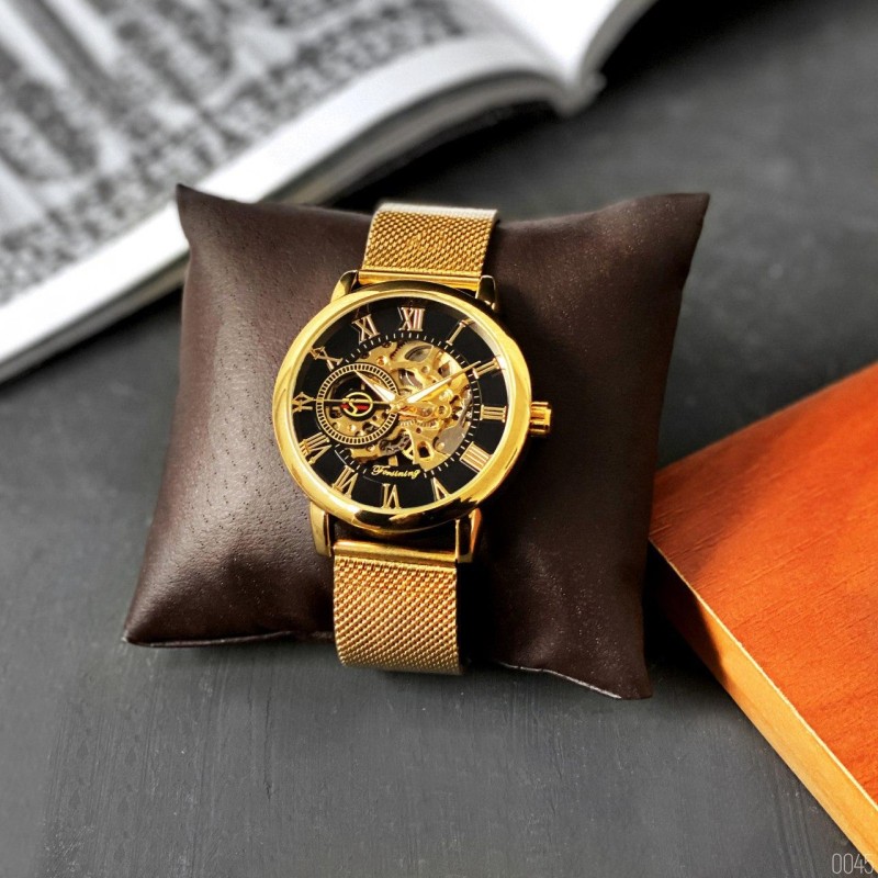 Мужские механические часы Forsining 8099M Gold-Black Mesh с автоподзаводом и минеральным стеклом