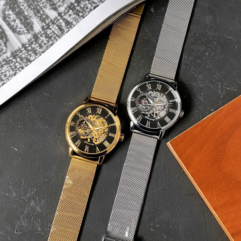 Мужские механические часы Forsining 8099M Gold-Black Mesh с автоподзаводом и минеральным стеклом