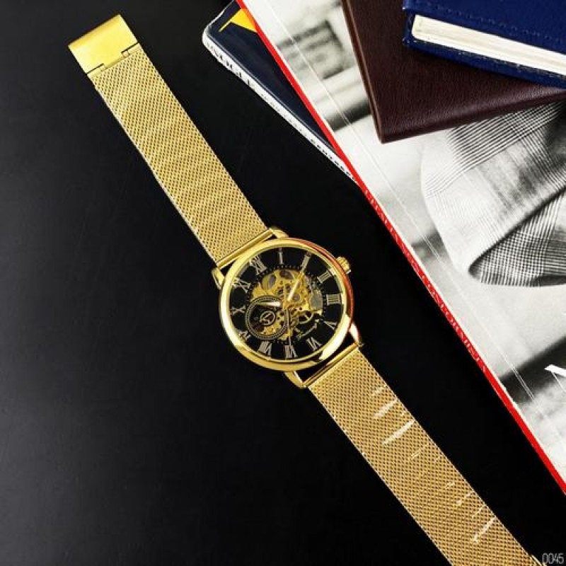Мужские механические часы Forsining 8099M Gold-Black Mesh с автоподзаводом и минеральным стеклом