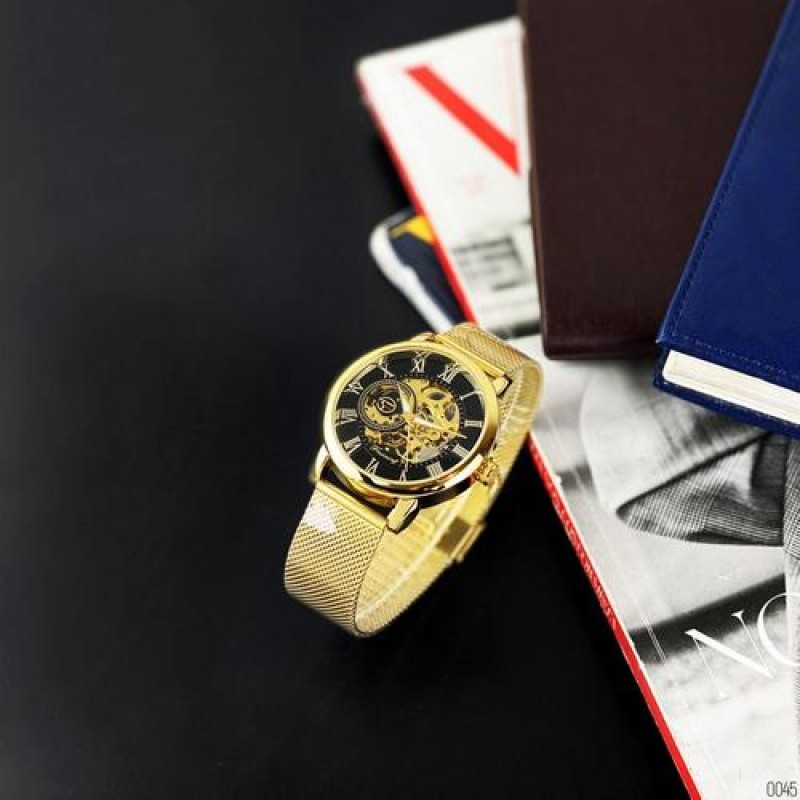 Мужские механические часы Forsining 8099M Gold-Black Mesh с автоподзаводом и минеральным стеклом