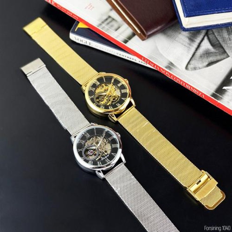Мужские механические часы Forsining 8099M Gold-Black Mesh с автоподзаводом и минеральным стеклом