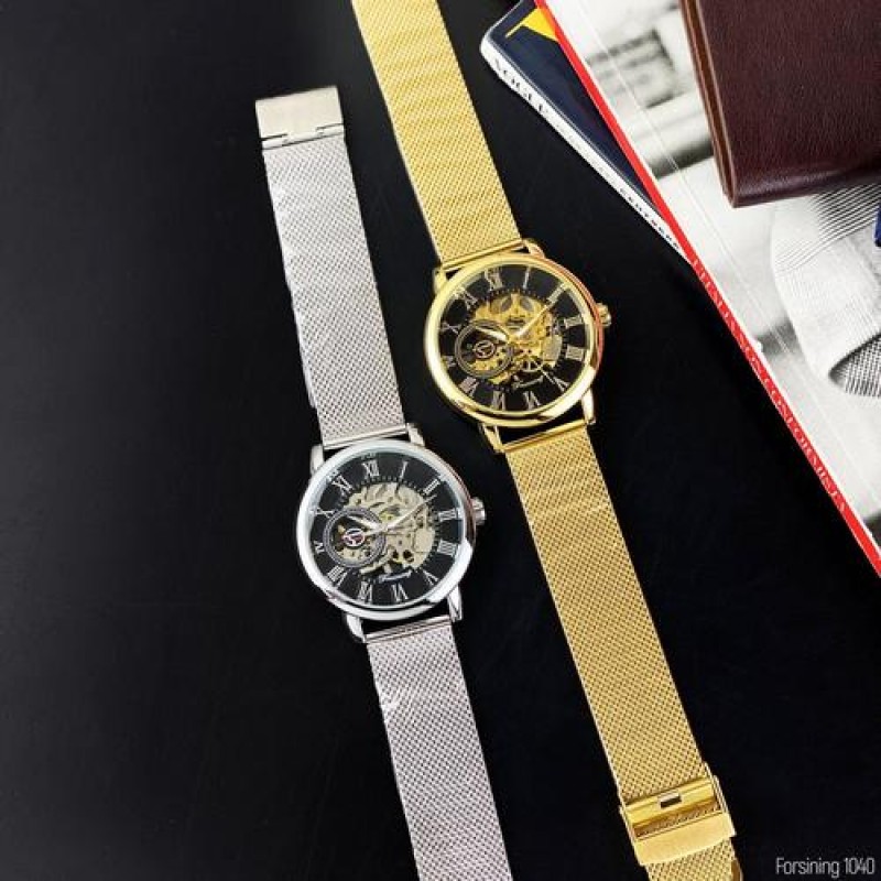 Мужские механические часы Forsining 8099M Gold-Black Mesh с автоподзаводом и минеральным стеклом