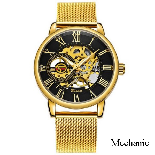 Мужские механические часы Forsining 8099M Gold-Black Mesh с автоподзаводом и минеральным стеклом