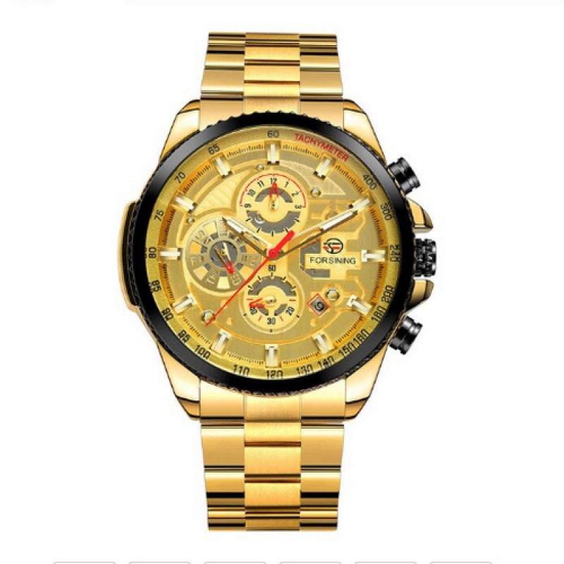 Мужские механические часы Forsining 6909 Gold-Black-Gold с автоподзаводом и полным календарем