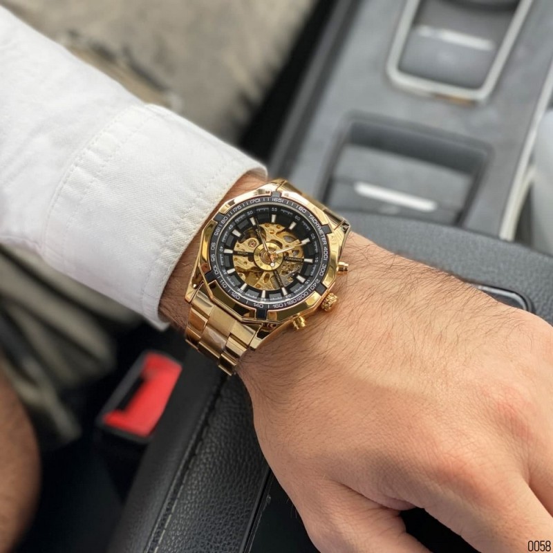 Чоловічий механічний годинник Forsining 8042 Gold-Black з автопідзаводом та золотистим сталевим браслетом