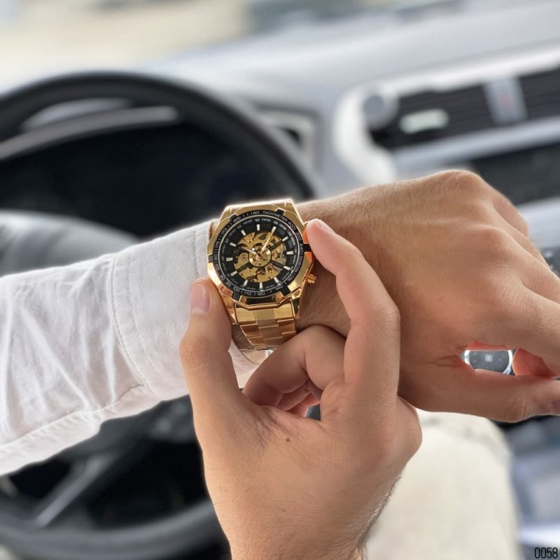 Чоловічий механічний годинник Forsining 8042 Gold-Black з автопідзаводом та золотистим сталевим браслетом