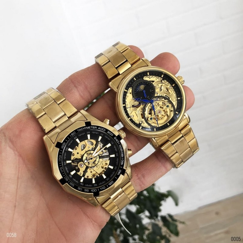 Чоловічий механічний годинник Forsining 8042 Gold-Black з автопідзаводом та золотистим сталевим браслетом