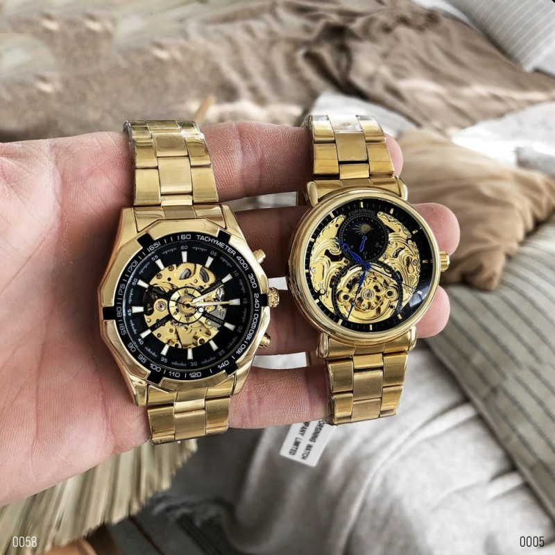 Чоловічий механічний годинник Forsining 8042 Gold-Black з автопідзаводом та золотистим сталевим браслетом