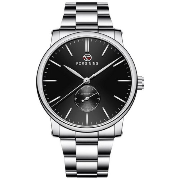 Чоловічий механічний годинник Forsining 8214 Silver-Black з автопідзаводом та сталевим браслетом
