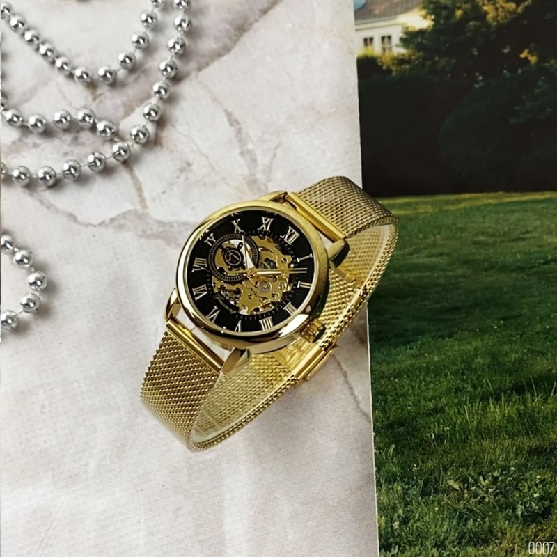 Женские механические часы Forsining 8099M Gold-Black Lady Mesh с автоподзаводом
