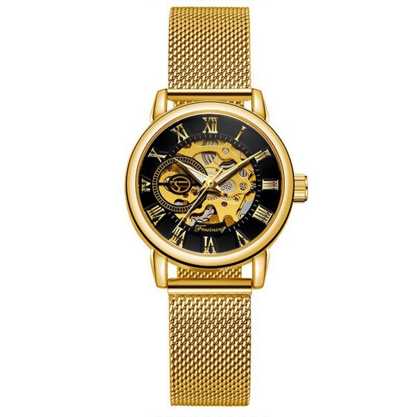 Женские механические часы Forsining 8099M Gold-Black Lady Mesh с автоподзаводом