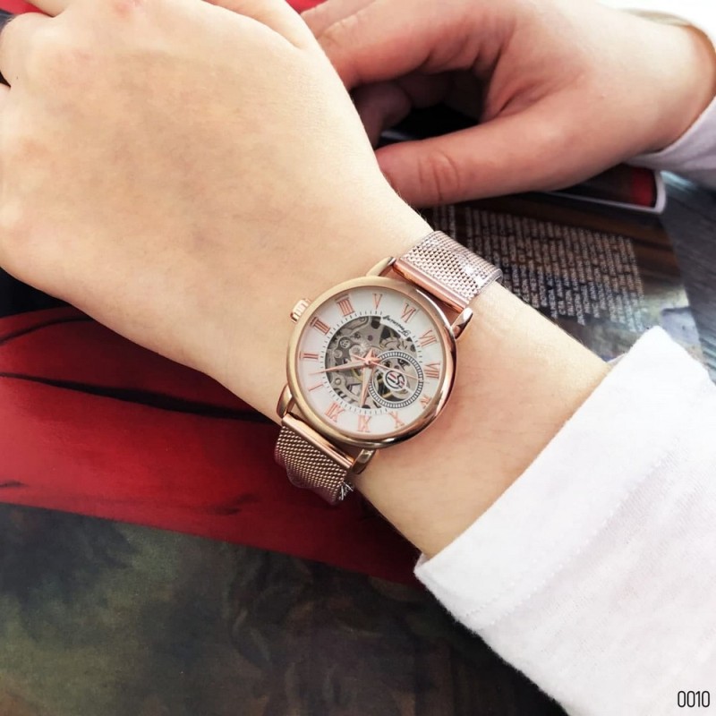 Женские механические часы Forsining 8099M Cuprum-White Ledy Mesh с минеральным стеклом
