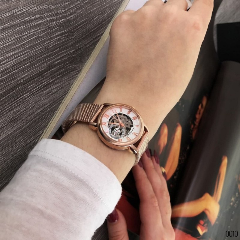 Женские механические часы Forsining 8099M Cuprum-White Ledy Mesh с минеральным стеклом