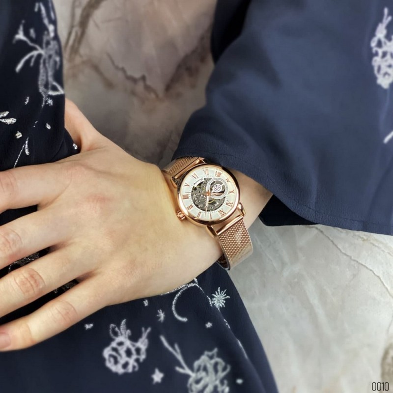 Женские механические часы Forsining 8099M Cuprum-White Ledy Mesh с минеральным стеклом