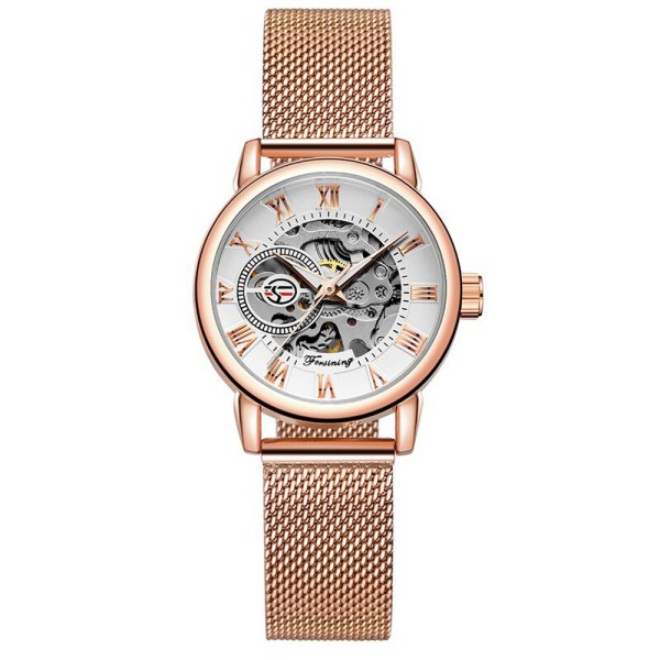 Женские механические часы Forsining 8099M Cuprum-White Ledy Mesh с минеральным стеклом