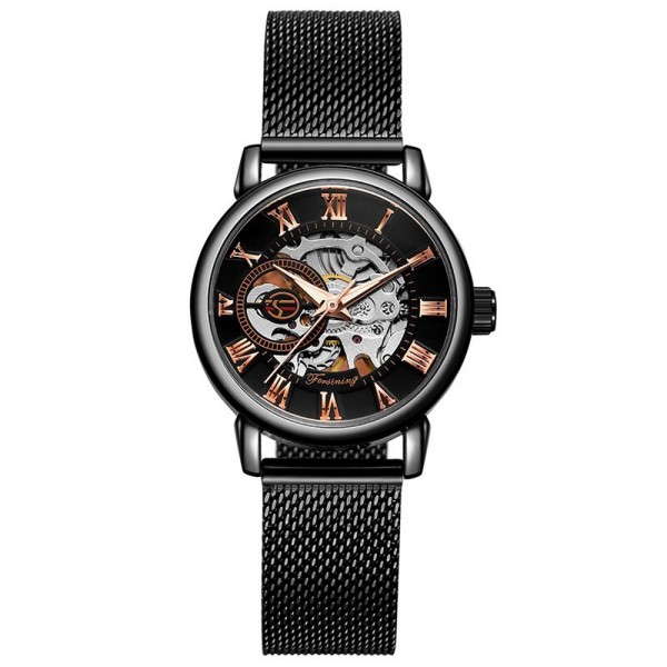 Женские механические часы Forsining 8099ML Black-Cuprum Lady Mesh с минеральным стеклом