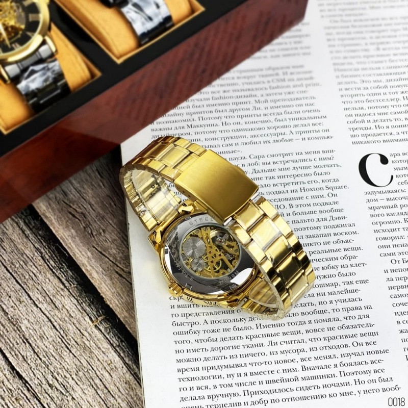 Чоловічий механічний годинник Forsining 8099M All Gold Metal зі сталевим браслетом