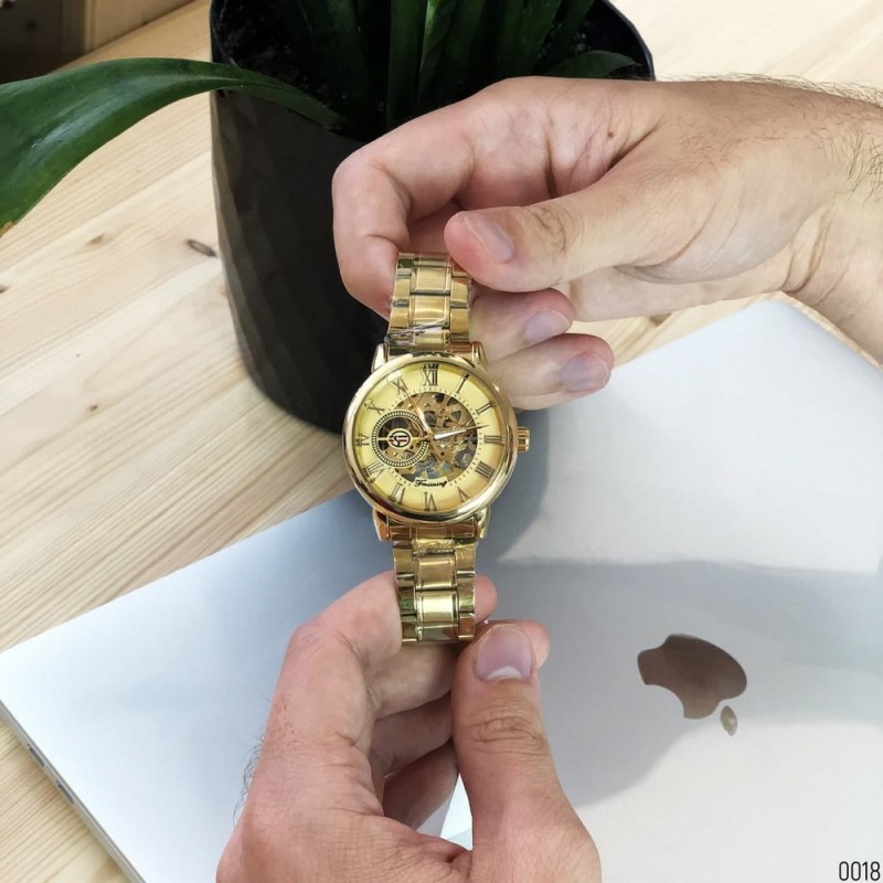 Чоловічий механічний годинник Forsining 8099M All Gold Metal зі сталевим браслетом