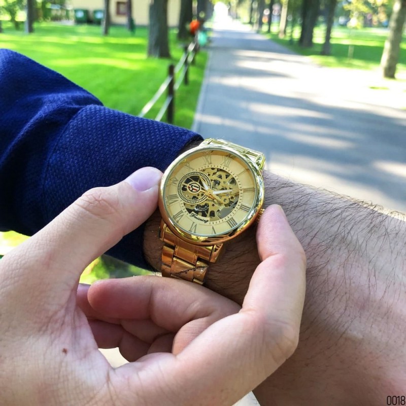 Чоловічий механічний годинник Forsining 8099M All Gold Metal зі сталевим браслетом