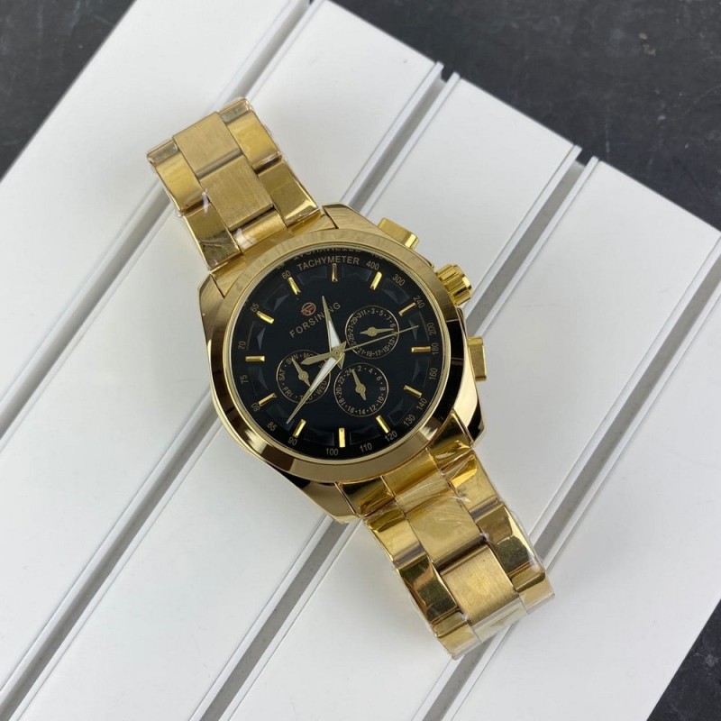 Чоловічий механічний годинник Forsining 6917 Gold-Black з автопідзаводом та золотистим браслетом