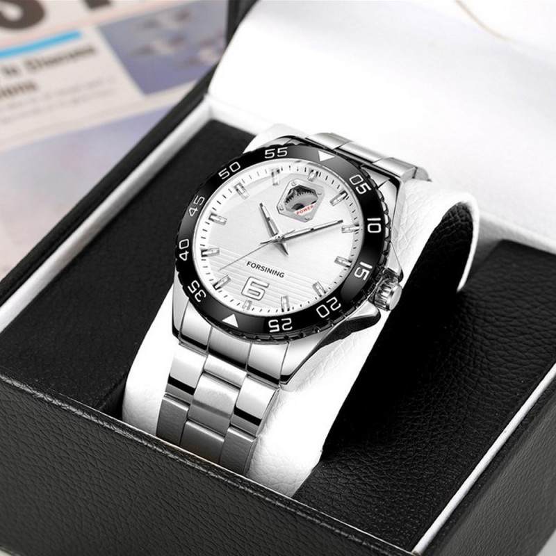 Мужские механические часы Forsining 8200 Silver-Black-White с автоподзаводом и минеральным стеклом