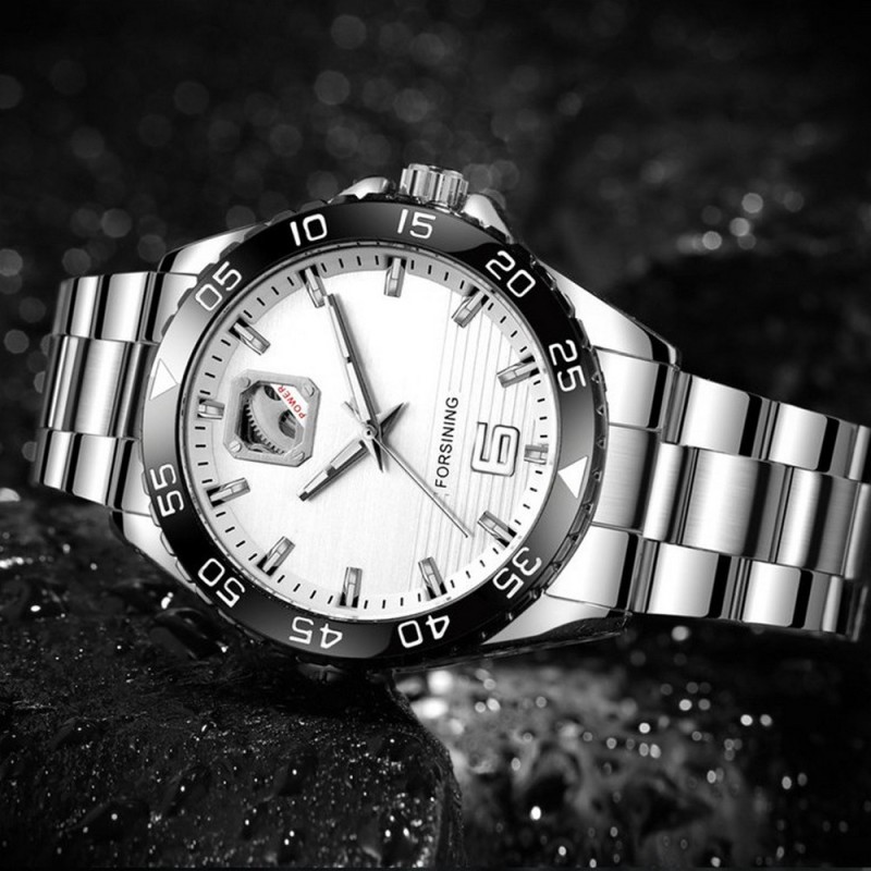 Мужские механические часы Forsining 8200 Silver-Black-White с автоподзаводом и минеральным стеклом