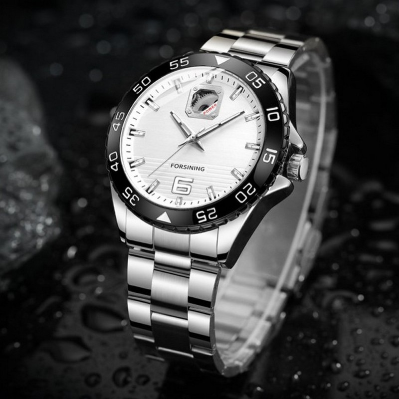 Мужские механические часы Forsining 8200 Silver-Black-White с автоподзаводом и минеральным стеклом