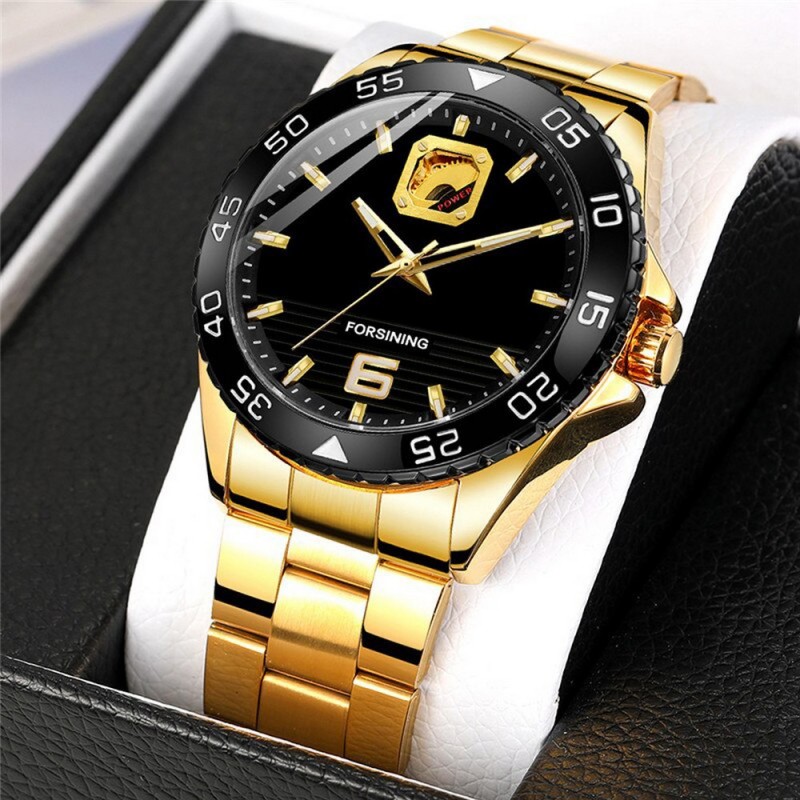 Мужские механические часы Forsining 8200 Gold-Black с автоподзаводом и золотистым стальным браслетом