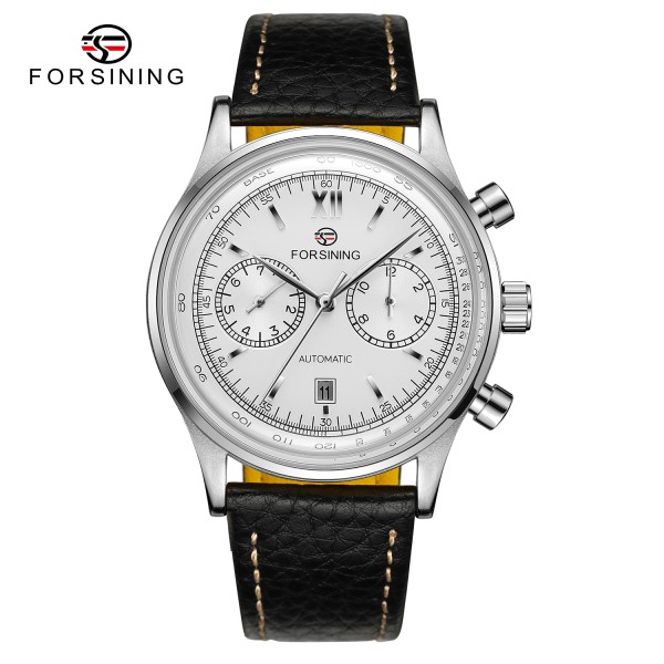 Мужские механические часы Forsining 6921 Silver-Silver с автоподзаводом и кожаным ремешком