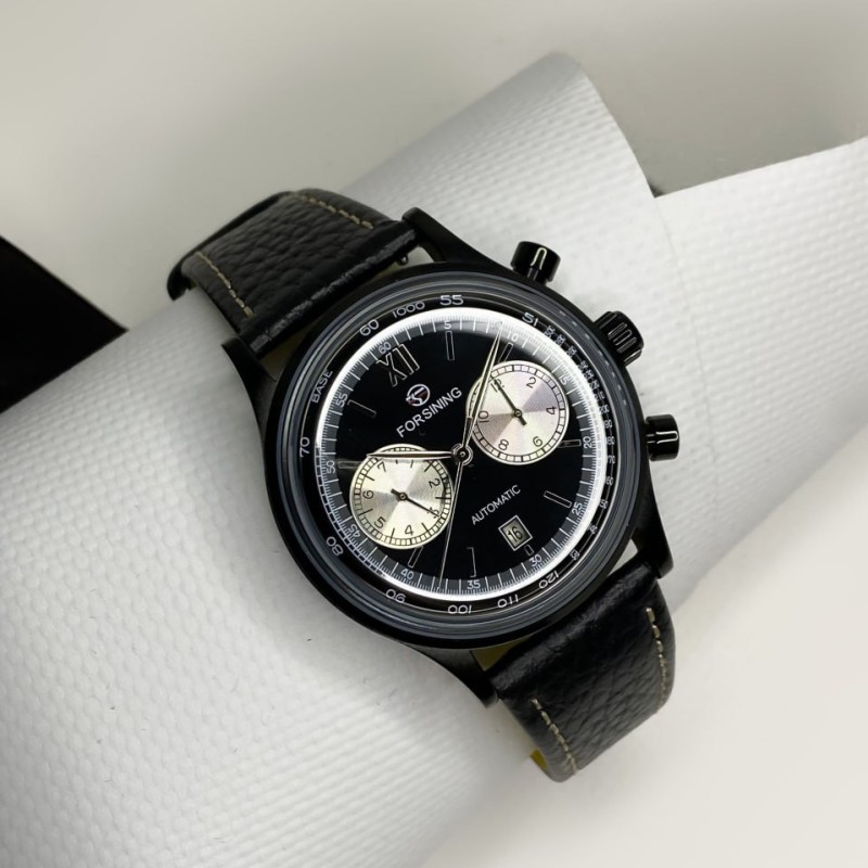 Мужские механические часы Forsining 6921 All Black с автоподзаводом и кожаным ремешком