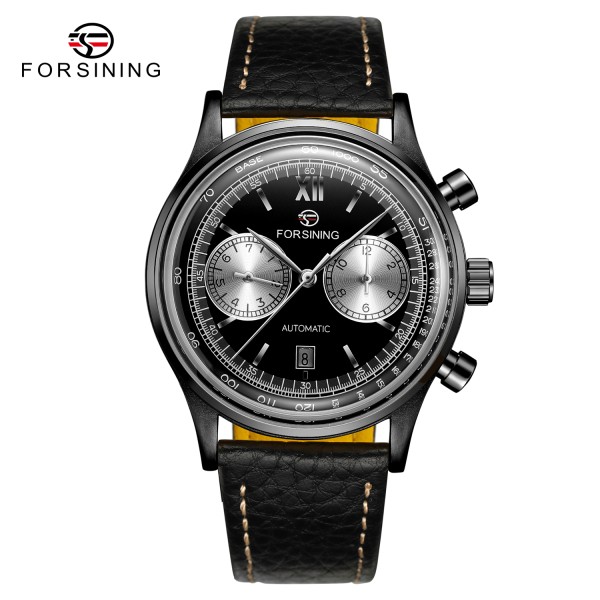 Мужские механические часы Forsining 6921 All Black с автоподзаводом и кожаным ремешком