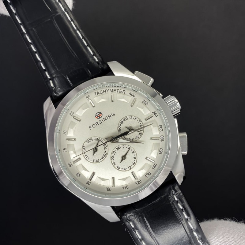Мужские механические часы Forsining 6625 Silver-White Leather с автоподзаводом и тахиметром