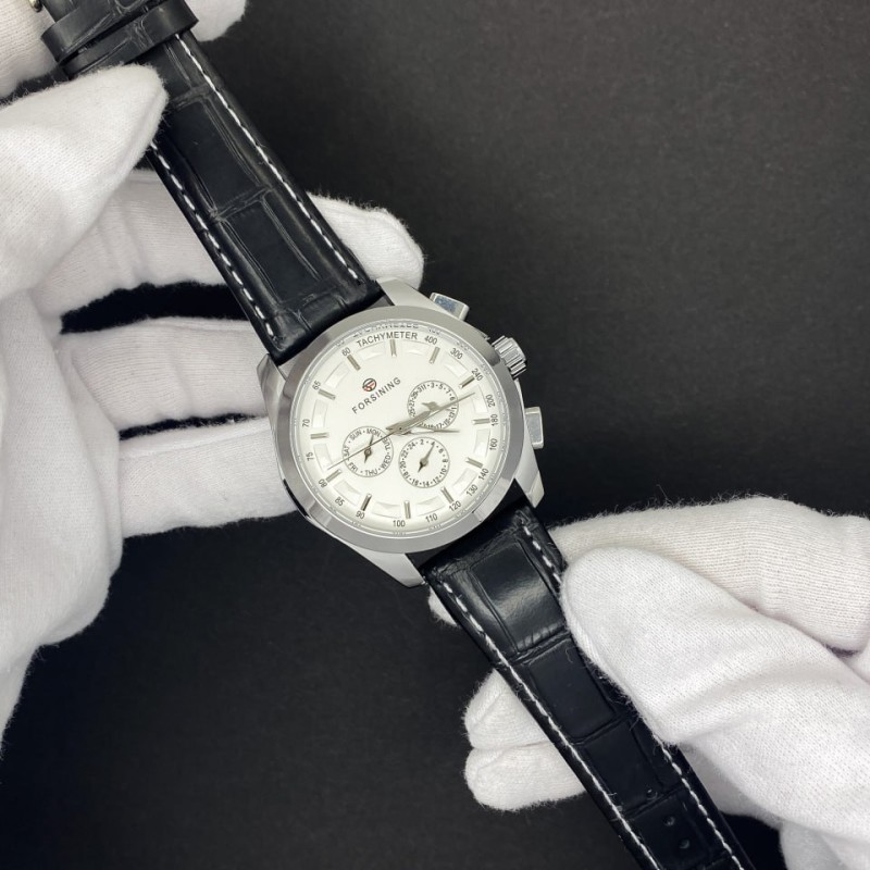 Мужские механические часы Forsining 6625 Silver-White Leather с автоподзаводом и тахиметром