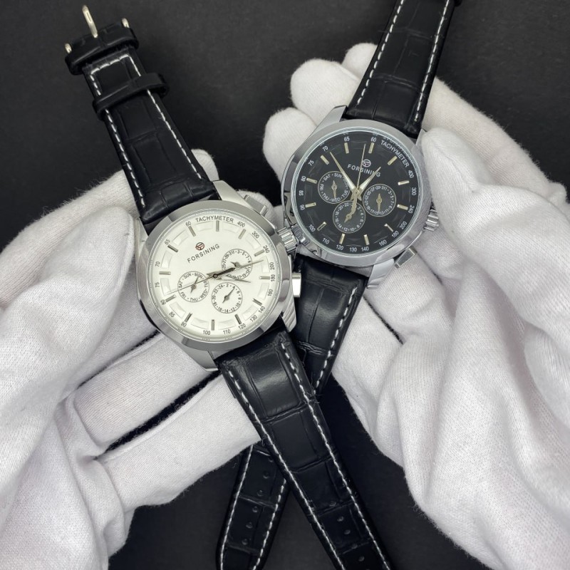 Мужские механические часы Forsining 6625 Silver-White Leather с автоподзаводом и тахиметром