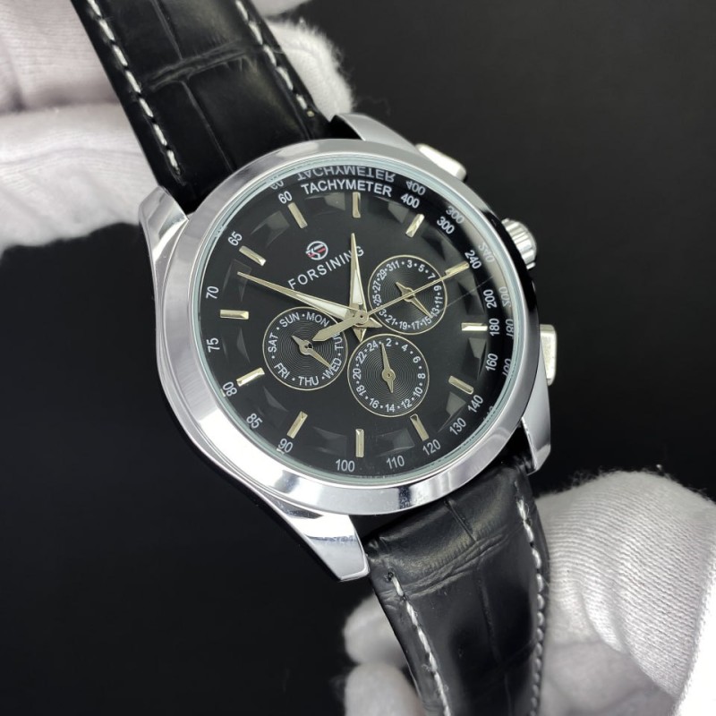 Мужские механические часы Forsining 6625 Silver-White Leather с автоподзаводом и тахиметром