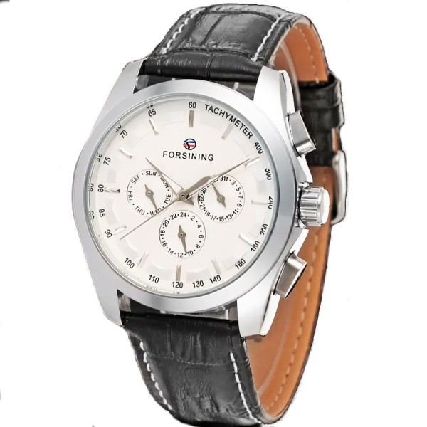 Мужские механические часы Forsining 6625 Silver-White Leather с автоподзаводом и тахиметром