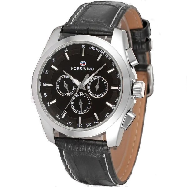 Мужские механические часы Forsining 6625 Silver-Black Leather с автоподзаводом и кожаным ремешком