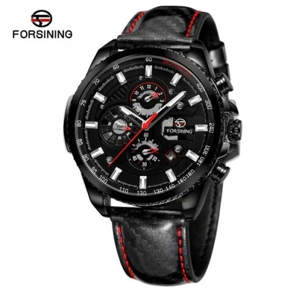 Чоловічий механічний годинник Forsining 6909 All Black Leather з автопідзаводом та календарем