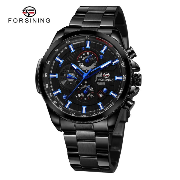 Мужские механические часы Forsining 6909 All Black-Blue Steel с автоподзаводом и календарем