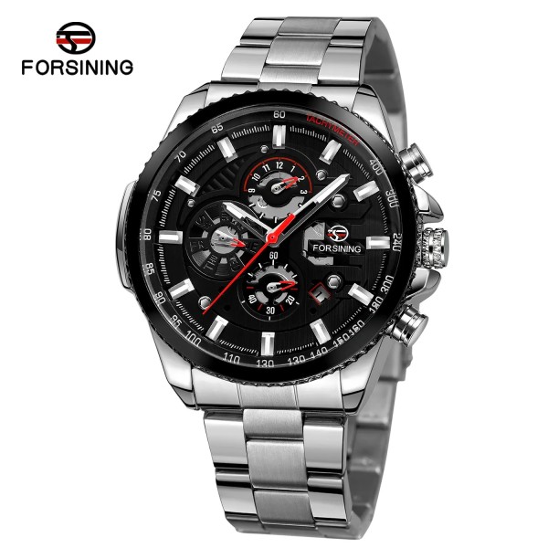 Мужские механические часы Forsining 6909 Silver-Black-Black с автоподзаводом и календарем