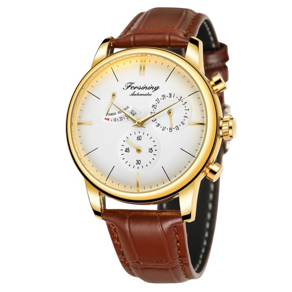 Мужские механические часы Forsining 6916 Gold-White с автоподзаводом и кожаным ремешком