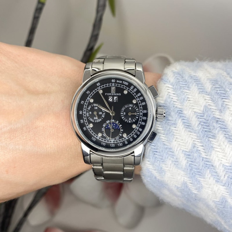 Женские механические часы Forsining 6918 Silver-Black с автоподзаводом и стальным браслетом