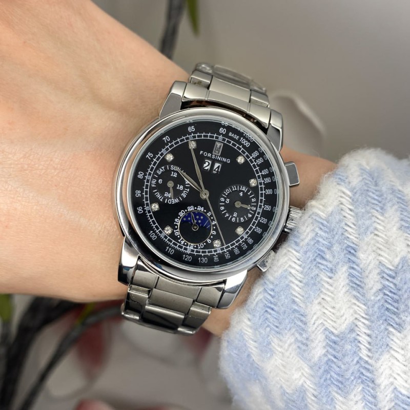 Женские механические часы Forsining 6918 Silver-Black с автоподзаводом и стальным браслетом
