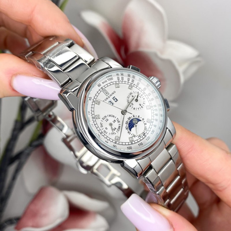 Женские механические часы Forsining 6918 Silver-White с автоподзаводом и стальным браслетом