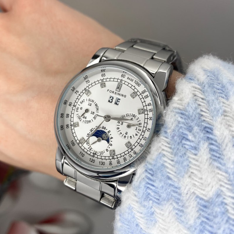 Женские механические часы Forsining 6918 Silver-White с автоподзаводом и стальным браслетом