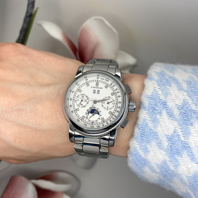 Женские механические часы Forsining 6918 Silver-White с автоподзаводом и стальным браслетом